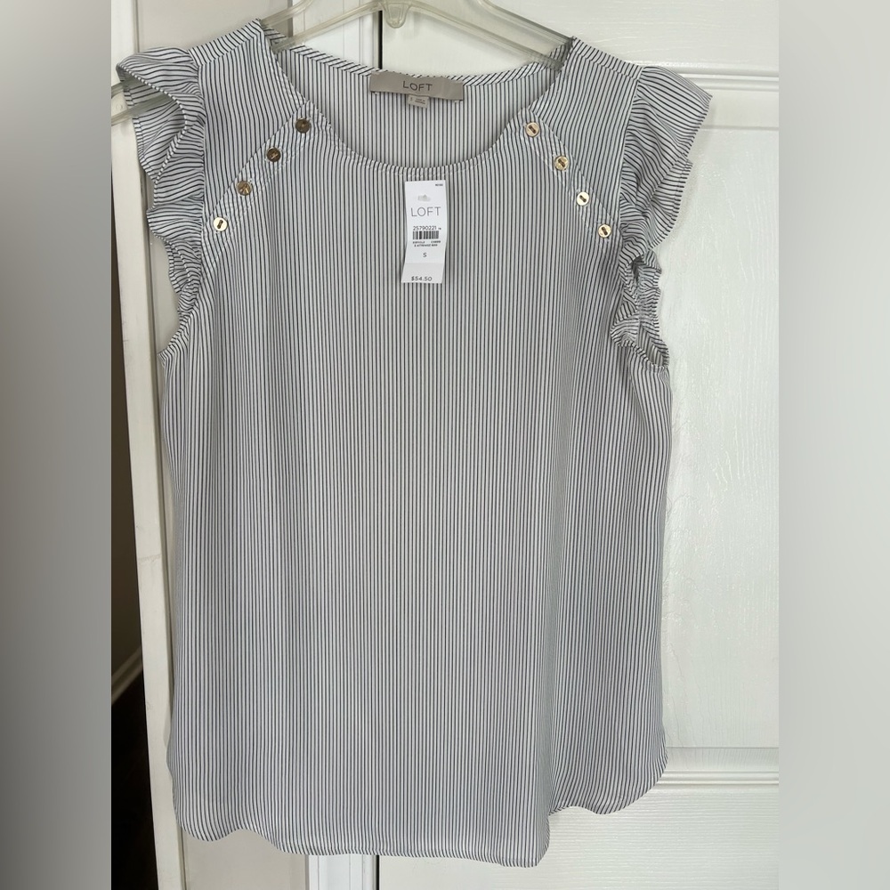 LOFT Black and White Pinstripe Ruffle Sleeve Blouse